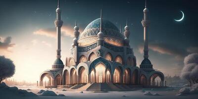 hermosa mezquita a noche cielo Ramadán antecedentes generado ai foto