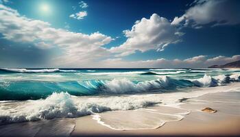 hermosa panorámico mar bohordo con navegar olas hermosa mar ai generativo imagen foto
