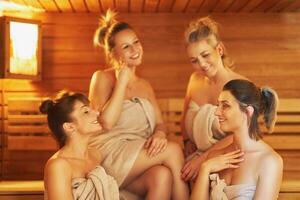 Group of girl friends in the sauna photo