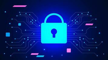 Cyber security and data protection background with padlock and electronic circuit board. Secure technology for business web and internet. Vector illustration.