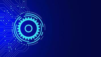 Digital technology and engineering concept with gears and electronic circuit board on dark blue background. Vector illustration.