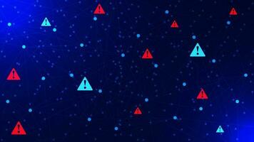Attention warning with exclamation mark. Dots and lines connection. Hacking and security protection concept background. Vector illustration.