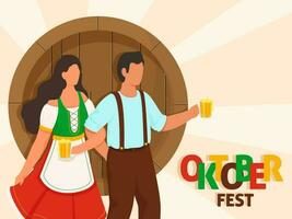 vistoso Oktoberfest texto con sin rostro Alemania Pareja participación cerveza tazas en melocotón antecedentes. vector