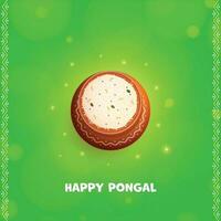 contento pongal póster diseño con parte superior ver de tradicional plato en barro maceta en verde bokeh ligero efecto antecedentes. vector