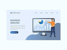 Business Analysis Landing Page Or Hero Banner With Analyst Man Presenting Infographic Chart On Desktop Screen Illustration. vector