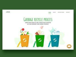 Garbage Recycle Process Concept Based Landing Page With Three Color Recycling Bins. vector