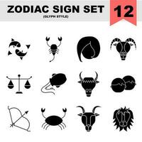 Glyph Style Zodiac Icon Set On White Background. vector