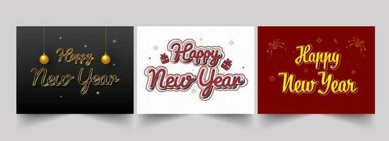 Social Media Posts Or Template Design With Happy New Year Font In Three Color Options. vector