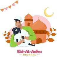 ilustración de musulmán hombre participación oveja con mezquita, hojas, creciente Luna y verderón banderas en blanco antecedentes para Eid al-Adha mubarak. vector