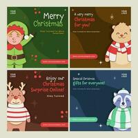 alegre Navidad social medios de comunicación publicaciones con dibujos animados duende, polar oso, reno y mapache personaje en cuatro color opciones vector