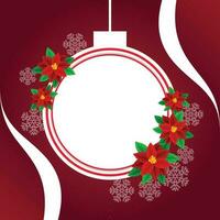 Empty Bauble Shape Frame With Poinsettia Flowers, Leaves And Snowflakes On Red Background. vector