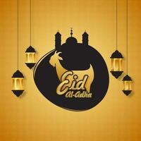 Golden Eid-Al-Adha Font With Silhouette Goat, Mosque And Lanterns Hang On Orange Islamic Pattern Background. vector