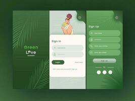 Green Love Nursery Application Splash Screens Including Like As Sign In, Sign Up On Green Background. vector