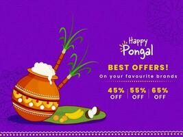 Happy Pongal Sale Poster Design With Traditional Dish In Mud Pot, Sugarcane And Fruit Over Banana Leaf On Purple Swirl Pattern Background. vector