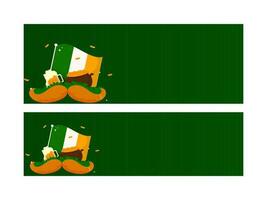 verde encabezamiento o bandera diseño con irlandesa bandera, cerveza taza, trébol hojas, Bigote y tesoro maceta en dos opciones vector