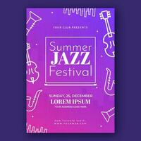 Summer Jazz Festival Flyer Design With Line Art Musical Instrument On Gradient Pink And Purple Color. vector