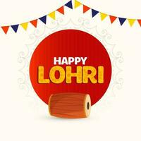 Happy Lohri Font Over Red Round Shape With Drum Instrument And Bunting Flags On White Background. vector