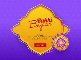 rakhi bazar póster diseño con descuento oferta, hermosa rakhi en púrpura y amarillo antecedentes. vector