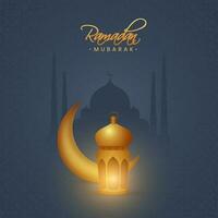Ramadán Mubarak póster diseño con creciente Luna y iluminado linterna en gris silueta mezquita antecedentes. vector