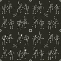 Seamless Skeleton Dancing Pattern Background In Black And White Color. vector