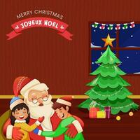 French Lettering Of Merry Christmas With Cute Santa Claus Hugging Kids And Decorative Xmas Tree On Red Stripe Pattern Background. vector