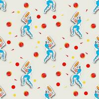 Sticker Style Cricket Batsman And Red Ball Seamless Pattern Background vector