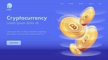 Cryptocurrency Concept Based Landing Page With 3D Golden Bitcoins On Blue Background. vector