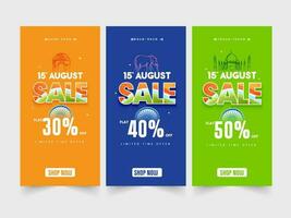 15th August Sale Template Or Vertical Banner Design With Different Discount Offer In Three Color Options. vector