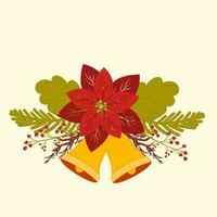 Poinsettia Flower With Leaves, Berry Branch And Jingle Bells On Pastel Yellow Background. vector