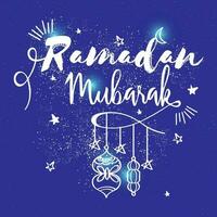 White Ramadan Mubarak Text With Crescent Moon, Stars, Lanterns Hang And White Particles Effect On Blue Background. vector