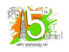 15th August Text With Sketching Indian Famous Monument, Saffron And Green Brush Effect On White Background. vector