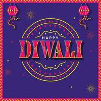 Happy Diwali Text With Hanging Lanterns On Purple Fireworks Background. vector