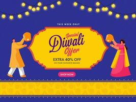 Diwali Sale Poster Design With Indian People Holding Sky Lanterns. vector