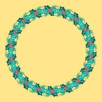 Empty Circular Frame Made By Berries And Leaves On Yellow Background. vector