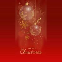 Merry Christmas Font With Transparent Baubles, Golden Snowflakes, Confetti On Red Background. vector