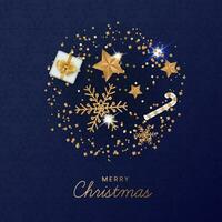 Golden Merry Christmas Font With Stars, Candy Cane, Gift Box And Square Glittering On Blue Snowflake Pattern Background. vector