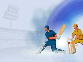 Illustration Of Out Batsman Player And Wicket Keeper Hit Ball To Stumps On Blue And Gray Stadium Background. vector