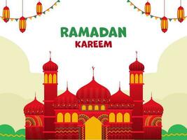Red And Yellow Mosque Illustration With Hanging Lanterns, Bunting Flags On White Background For Ramadan Kareem Concept. vector