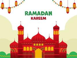 Red And Yellow Mosque Illustration With Hanging Lanterns, Bunting Flags On White Background For Ramadan Kareem Concept. vector