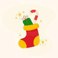 Vector Illustration Of Candy Cane With Gift Box Inside Woolen Sock Element.