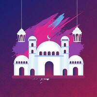 Glossy Mosque Illustration With Hanging Lit Lanterns, Brush Stroke Effect On Blue And Red Islamic Pattern Background. vector