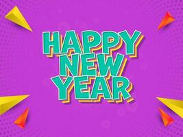 3D Colorful Layered Happy New Year Font With Geometric Triangle Elements On Purple Halftone Effect Background. vector