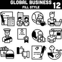 negro y blanco conjunto de global negocio icono en plano estilo. vector