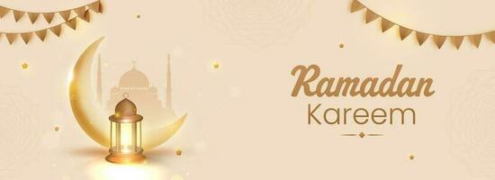 Ramadan Kareem Concept With 3D Golden Crescent Moon, Lit Lantern And Mosque On Beige Background. vector