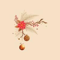 Poinsettia Flower With Leaves, Berries Branch And Baubles Hang On Peach Background. vector