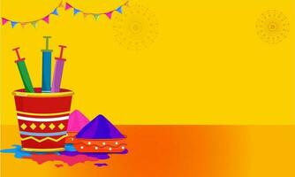 Bowls With Bucket Full Of Colors And Water Gun On Yellow Background. vector