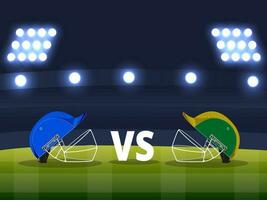 Participate Team Of Cricket Attire Helmets On Stadium Background. vector