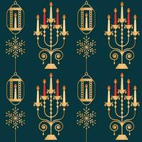 Golden Candelabra With Lanterns And Snowflake On Teal Background. vector