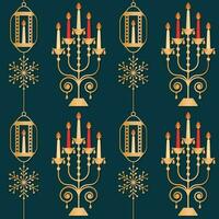 Golden Candelabra With Lanterns And Snowflake On Teal Background. vector