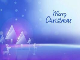 Merry Christmas Concept With Crystal Or Glass Xmas Trees, Reindeer On Shiny Blue Background. vector